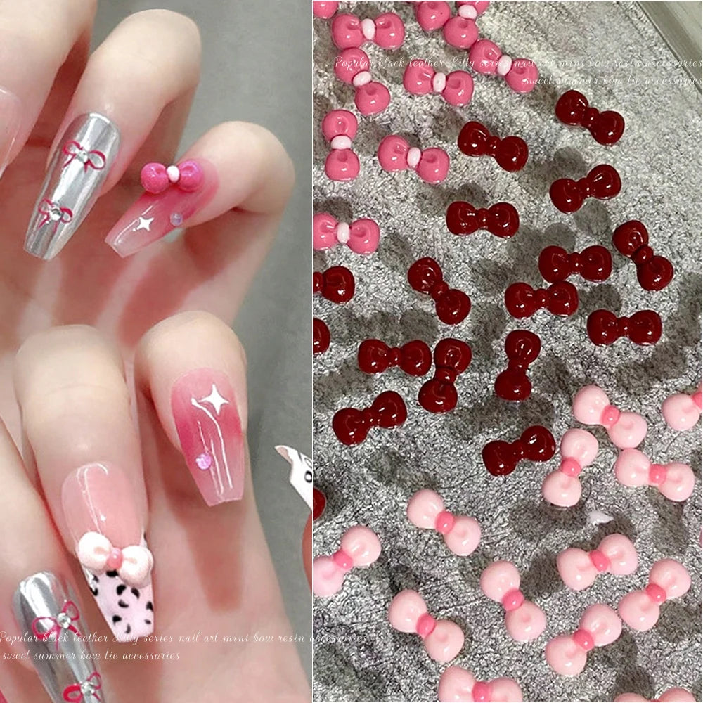 120Pcs 3D Cartoon Pink Summer Nails | 0.95*0.45mm Bowknot Rhinestones