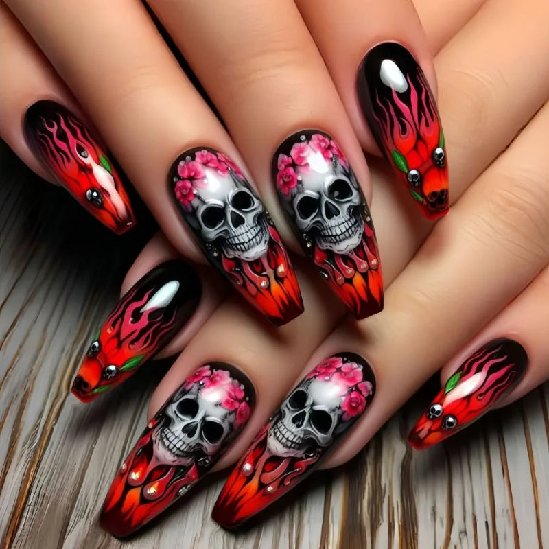 24 Blood Red Halloween Nails with Glue Horror Skull Flower Pattern | Halloween Nail Art