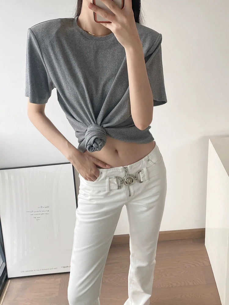 Y2K Top | Women Fashionable and versatile navel padded shoulder short-sleeved T-shirt