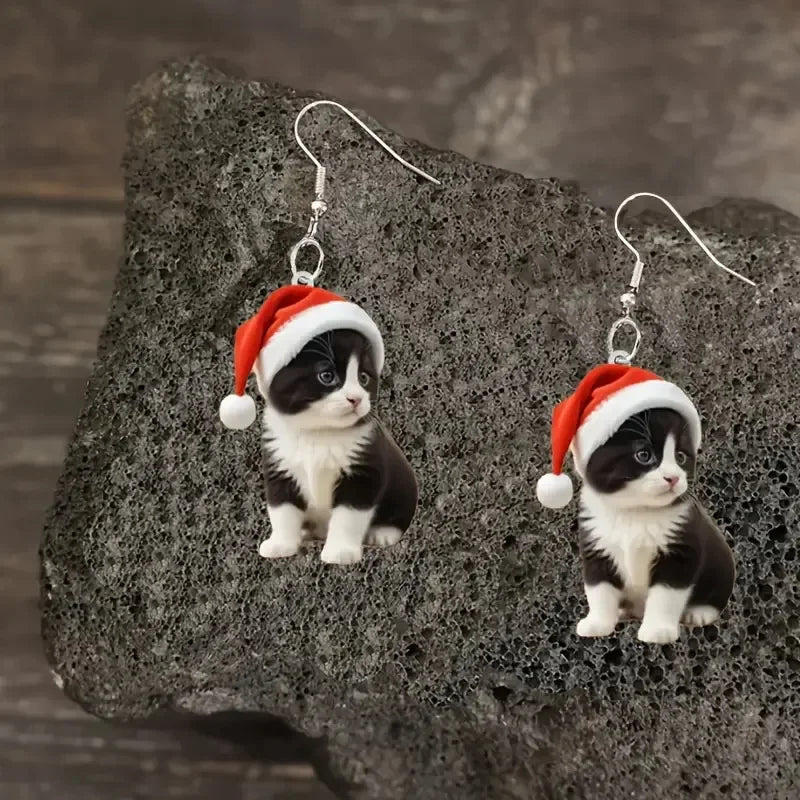 New Christmas Hat Black White Cat Acrylic Earrings | Cute Xmas  Drop Earring New Year Jewelry