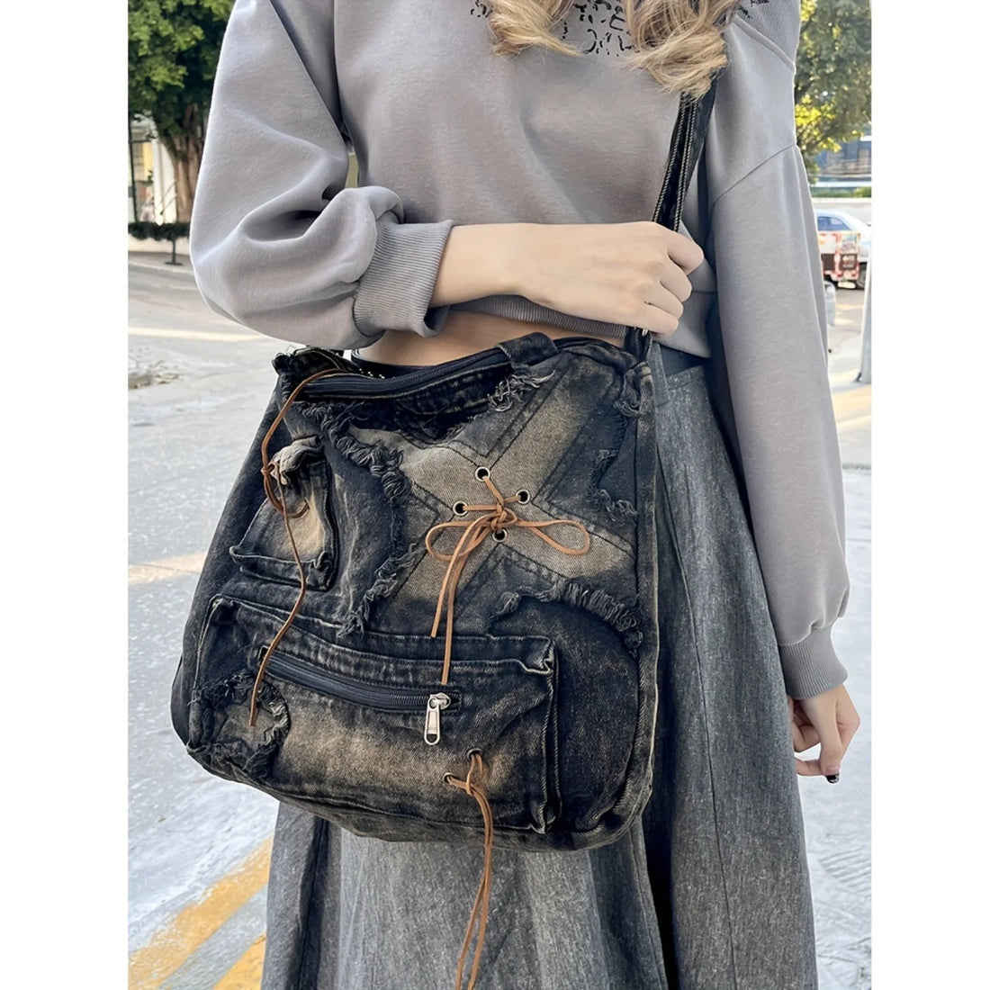 Y2K Star Vintage Denim Shoulder Bag - Trendy Drawstring Tote Handbag for Women