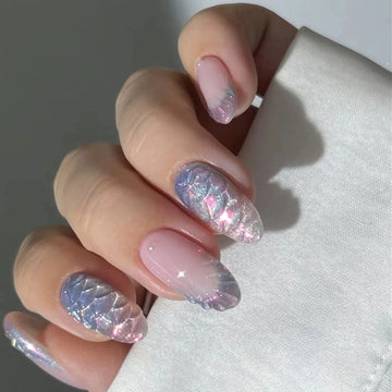 September Nails Designs | Long Pointed Fake Nail Shell Pearl Cat Eye Starfish Summer Ripple False Nails