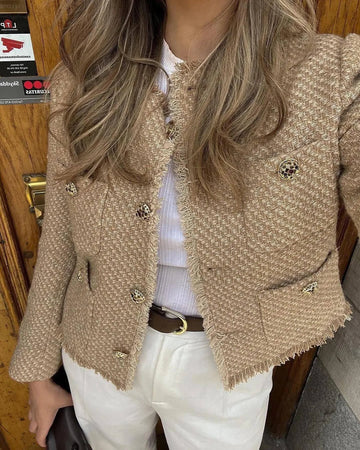 Basic Tweed Jacket | Women Clothing | Woolen Outerwear | Long Sleeve Front Button Female Outerwear