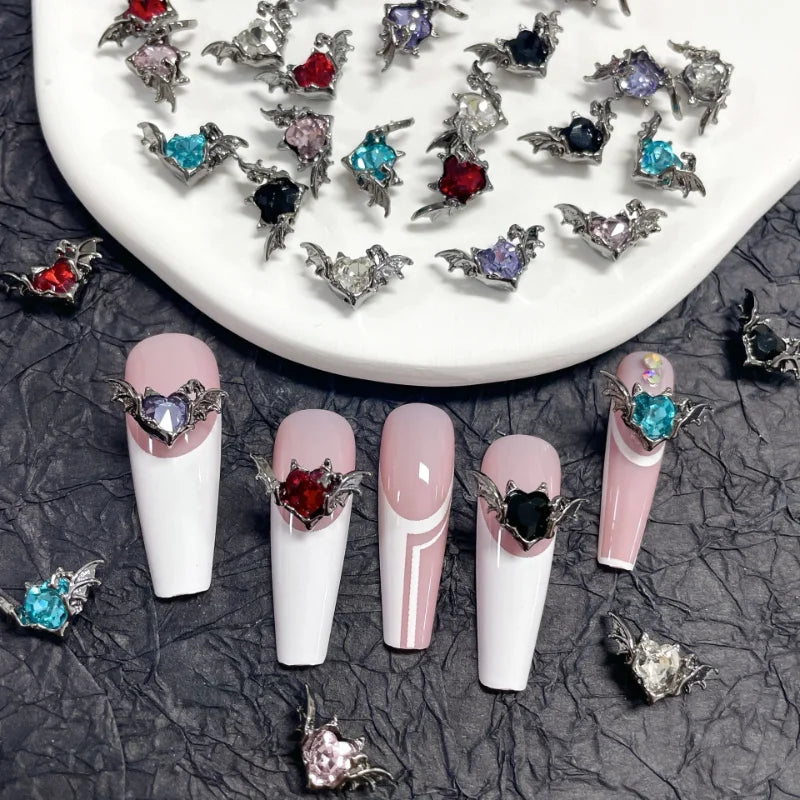 10pcs Gothic Punk Style Alloy Bat 3Heart D Nail Art | Spider Nail Design For Halloween