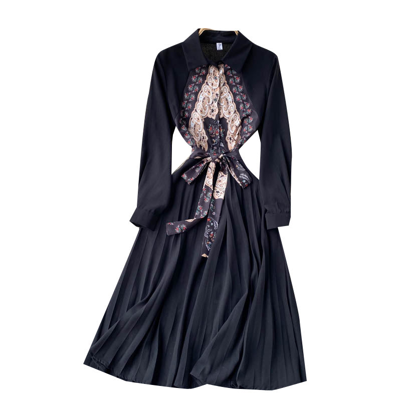 90s Guochao Retro Print Mid-Length Pleated Dress
